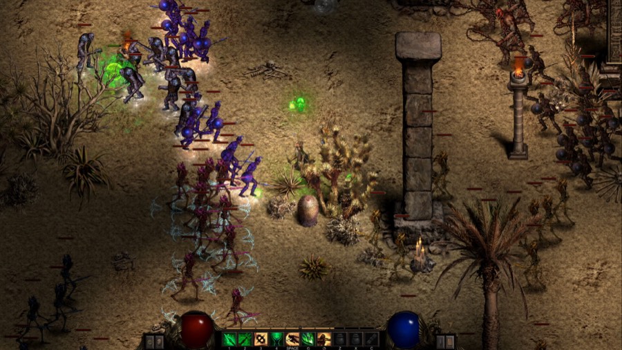 A wall of undead spearmen advancing across a desert ruin in Shadow Dungeon